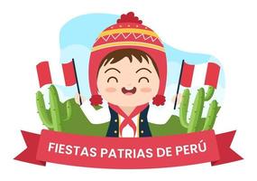 felices fiestas patrias ou ilustração dos desenhos animados do dia da independência peruana com bandeira e pessoas fofas para celebração do feriado nacional do peru em 28 de julho em fundo de estilo simples