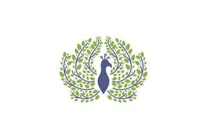 pássaro pavão pavão com folha verde fresca deixa vetor de design de logotipo de folha