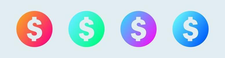 ícone de nota de dólar definido em cores de gradiente de círculo. ícone de vetor de moeda americana.