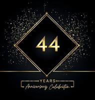 Celebração de aniversário de 44 anos com moldura dourada e glitter dourados sobre fundo preto. desenho vetorial para cartão de felicitações, festa de aniversário, casamento, festa de evento, convite. logotipo de aniversário de 44 anos. vetor