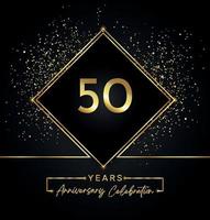 Celebração de aniversário de 50 anos com moldura dourada e glitter dourados sobre fundo preto. desenho vetorial para cartão de felicitações, festa de aniversário, casamento, festa de evento, convite. logotipo de aniversário de 50 anos. vetor