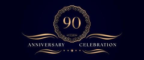 Celebração de aniversário de 90 anos com moldura de círculo elegante isolada em fundo azul escuro. design vetorial para cartão de felicitações, festa de aniversário, casamento, festa de evento, cerimônia. logotipo de aniversário de 90 anos.