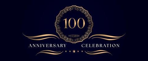 Celebração de aniversário de 100 anos com moldura de círculo elegante isolada em fundo azul escuro. design vetorial para cartão de felicitações, festa de aniversário, casamento, festa de evento, cerimônia. aniversário de 100 anos