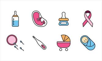 coleção de ícones de gravidez em um estilo simples e bonito. conjunto de ferramentas, objetos e símbolos, para saúde e cuidados com o nascimento do bebê vetor
