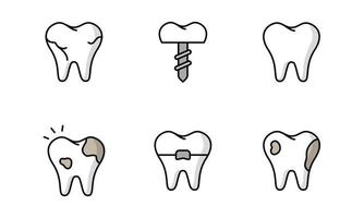 coleção de desenhos de ícones odontológicos. conjunto de dentes saudáveis, cavidades e dentaduras vetor