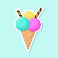 adesivo de vetor de sorvete. sobremesa fria colorida em estilo cartoon. comida doce de verão no cone de waffle