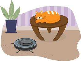 aspirador de pó robô inteligente silencioso. o gato dorme serenamente na mesa ao som do aspirador de pó limpando. eletrodomésticos inteligentes modernos para limpar o apartamento