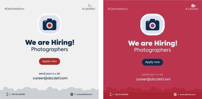 estamos contratando. estamos contratando fotógrafos. fotógrafos contratando banner de anúncio com ícone de câmera e duas cores de fundo diferentes. conceito de recrutamento de negócios.