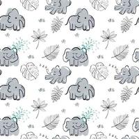 padrão sem emenda de vetor bebê fofo com elefantes desenhados à mão e plantas tropicais em fundo branco. personagens fofinhos em estilo simples. bom para berçário, roupas, têxteis, papel.
