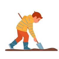 garotinho na capa de chuva e botas de borracha cavando com pá no jardim. ilustração em vetor plana personagem criança. isolado no branco.