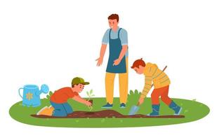 pai com filhos jardinagem ao ar livre .planting de mudas. ilustração vetorial plana. vetor