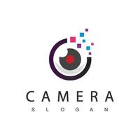 logotipo de fotografia usando lente e ícone de pixel vetor