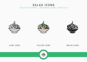 ícones de salada definir ilustração vetorial com estilo de linha de ícone sólido. conceito de ingredientes veganos saudáveis. ícone de traço editável em fundo branco isolado para web design, interface de usuário e aplicativo móvel vetor