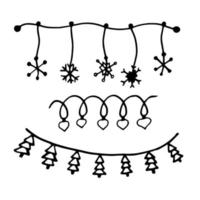 ilustração simples do estilo do doodle do Natal do inverno. ilustração desenhada pelas mãos no estilo de linha artística em branco sobre fundo preto. criação de design para ano novo, inverno, natal vetor