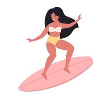 mulher negra surfando na prancha de surf. atividade de verão, verão, surf. Olá verão. férias de verão vetor