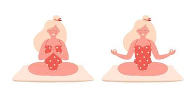 mulher meditando em traje de banho. estilo de vida saudável, ioga, relaxe, exercícios respiratórios. Olá verão.