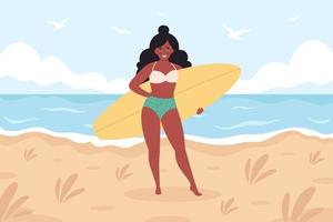 mulher negra com prancha de surf na praia. atividade de verão, verão, surf. Olá verão.