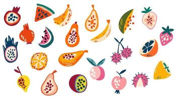 conjunto de frutas. frutas tropicais, romã, cereja, pêra, maçã, kiwi, pêssego, manga, figo, mamão. doce comida saudável. ilustração de desenho de mão de desenho vetorial vetor