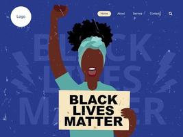 Vidas negras importam página de destino. mulher negra segurando papel com texto vidas negras importam. os problemas sociais do racismo vetor