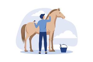 homem com pano na mão lava cavalo rudy. cavalos na fazenda. esporte equestre. homem cuidando de cavalo. ilustração vetorial plana vetor