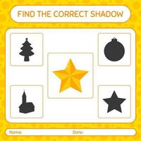 encontre o jogo de sombras correto com enfeite de natal. planilha para crianças pré-escolares, folha de atividades para crianças vetor
