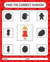 encontre o jogo de sombras correto com a boneca. planilha para crianças pré-escolares, folha de atividades para crianças vetor