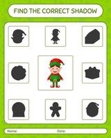 encontre o jogo de sombras correto com elf. planilha para crianças pré-escolares, folha de atividades para crianças vetor