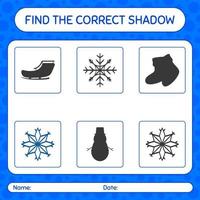 encontre o jogo de sombras correto com floco de neve. planilha para crianças pré-escolares, folha de atividades para crianças vetor