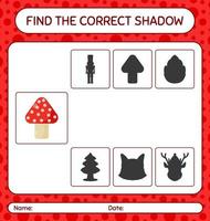 encontre o jogo de sombras correto com cogumelo. planilha para crianças pré-escolares, folha de atividades para crianças vetor