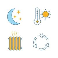 conjunto de ícones de cores de ar condicionado. clima noturno, temperatura de verão, radiador, ventilação. ilustrações vetoriais isoladas vetor