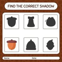 encontre o jogo de sombras correto com bolota. planilha para crianças pré-escolares, folha de atividades para crianças vetor
