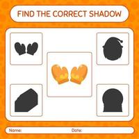 encontre o jogo de sombras correto com luva. planilha para crianças pré-escolares, folha de atividades para crianças vetor