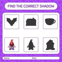 encontre o jogo de sombras correto com o gnome. planilha para crianças pré-escolares, folha de atividades para crianças vetor