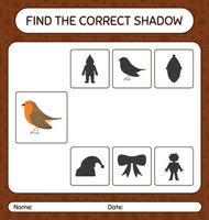 encontre o jogo de sombras correto com o pássaro robin. planilha para crianças pré-escolares, folha de atividades para crianças vetor