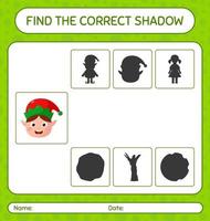 encontre o jogo de sombras correto com elf. planilha para crianças pré-escolares, folha de atividades para crianças vetor