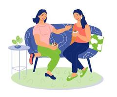 amigas sentadas no sofá, tomando café ou chá quente e conversando animadamente. tempo de lazer em casa e comunicação amigável, relacionamento com pessoas e amizade. ilustração vetorial plana isolada. vetor