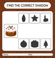 encontre o jogo de sombras correto com bolo de natal. planilha para crianças pré-escolares, folha de atividades para crianças vetor