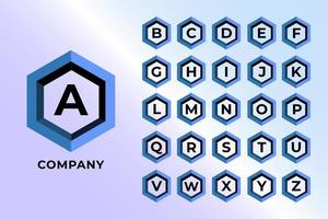 pacote de logotipo do alfabeto letra a a z. conjunto de logotipo de modelo de design, azul claro, pacote de logotipo hexagonal, ciano, roxo, fundo de gradação violeta vetor