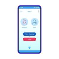 modelo de vetor de interface de aplicativo de namoro. layout de design azul de interface de aplicativo móvel. aplicativo de namoro online para smartphone. interface plana. visor do telefone com correspondência de homem e mulher. comece a conversar ou deslize