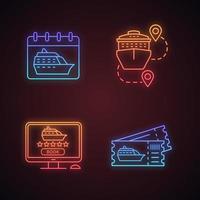 conjunto de ícones de luz neon de cruzeiro. agência de viagens. data de partida do cruzeiro, rotas de viagem, reserva online, bilhetes de excursão em terra. sinais brilhantes. ilustrações vetoriais isoladas vetor