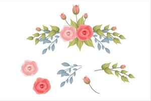 conjunto de flores cor de rosa e clipart de folha verde isolado vetor