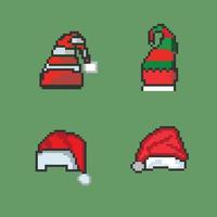 chapéu de natal de pixel art e chapéu de papai noel item de jogo festivo de natal de 8 bits vetor