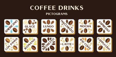 pictogramas de vários tipos de bebidas de café. ilustração vetorial. vetor