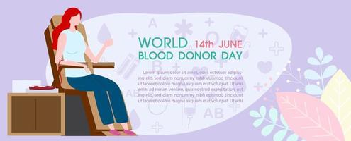 jovem em personagem de desenho animado doando sangue com redação do dia do doador de sangue e textos de exemplo, plantas de decoração em ícones médicos e fundo roxo. campanha do cartaz do dia mundial do doador de sangue. vetor