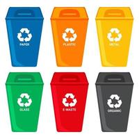 um conjunto de latas de lixo para triagem de resíduos.