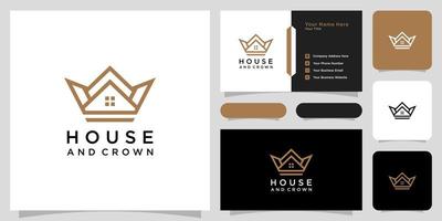 design de vetor de logotipo de coroa de casa e cartão de visita
