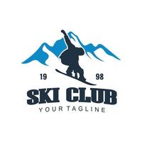 conceito de clube de esqui com esquiadores esquiando em declive em altas montanhas. clube de esqui de vetor de distintivo retrô. conceito para camisa, estampa, carimbo ou ajuste. design de tipografia de clube de esqui - vetor de ações.