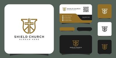 escudo design de vetor de logotipo de estilo de linha de igreja e cartão de visita