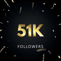 51 mil ou 51 mil seguidores com confetes dourados isolados em fundo preto. modelo de cartão de saudação para amigos de redes sociais e seguidores. obrigado, seguidores, conquista.