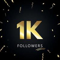 1k ou 1 mil seguidores com confetes dourados isolados em fundo preto. modelo de cartão de saudação para amigos de redes sociais e seguidores. obrigado, seguidores, conquista.